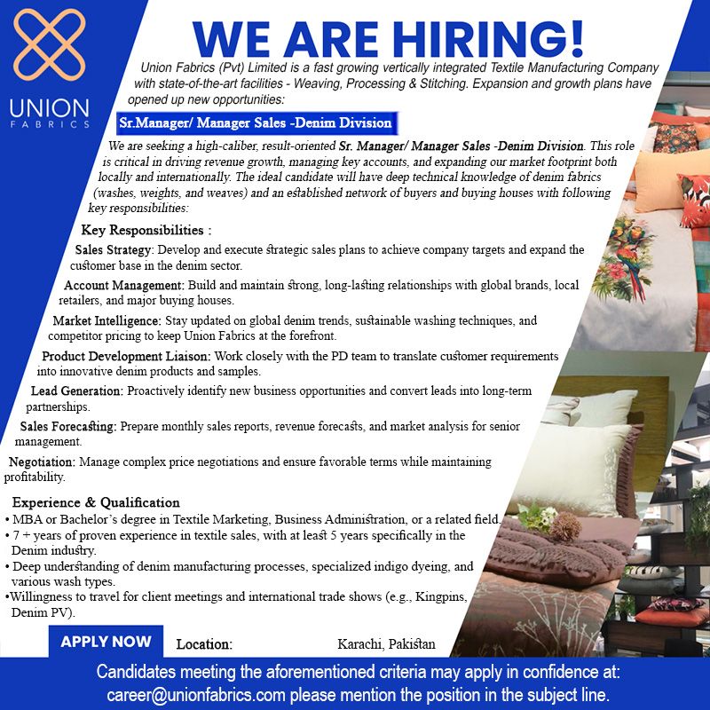Union Fabrics (Pvt) Limited Jobs Sr Manager/ Manager Sales 1