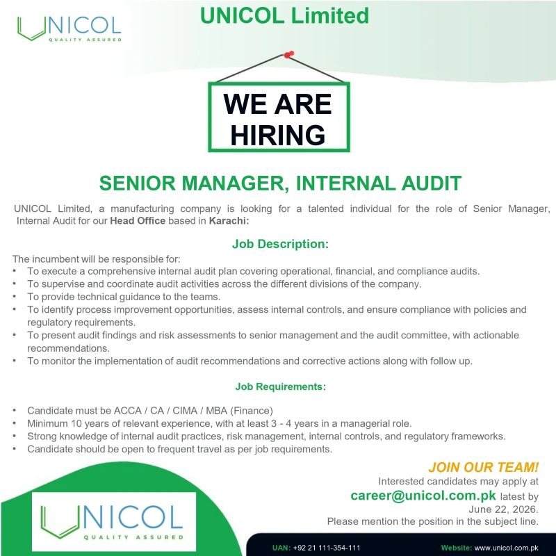 Unicol Limited Jobs Senior Manager Internal Audit 1