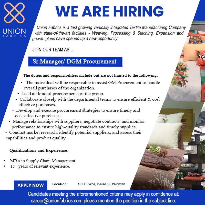 Union Fabrics Pvt Ltd Jobs Senior Manager/ DGM Procurement 1