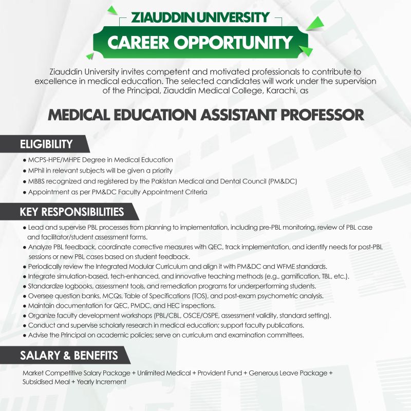 Ziauddin University Jobs Medical Education Assistant Professor 1