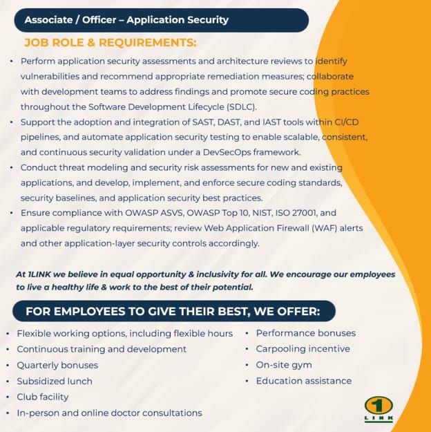 1Link Pvt Ltd Jobs Associate / Officer Application Security 2