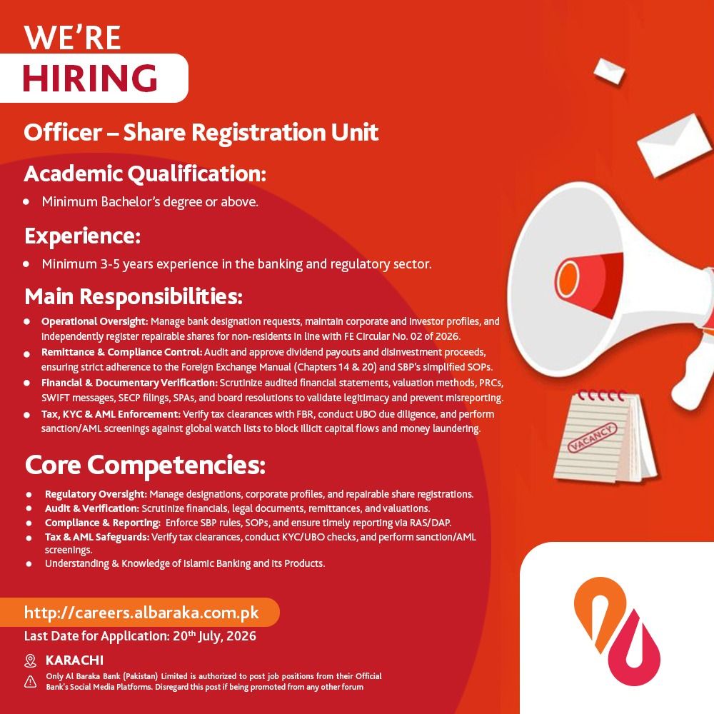 Al Baraka Bank (Pakistan) Limited Jobs Officer Share Registration Unit 1