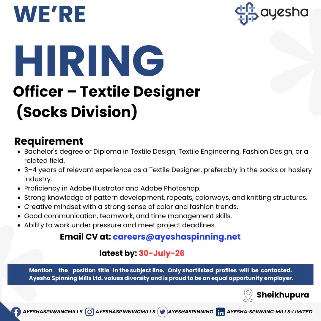Ayesha Spinning Mills Ltd Jobs Officer Textile Designer 1