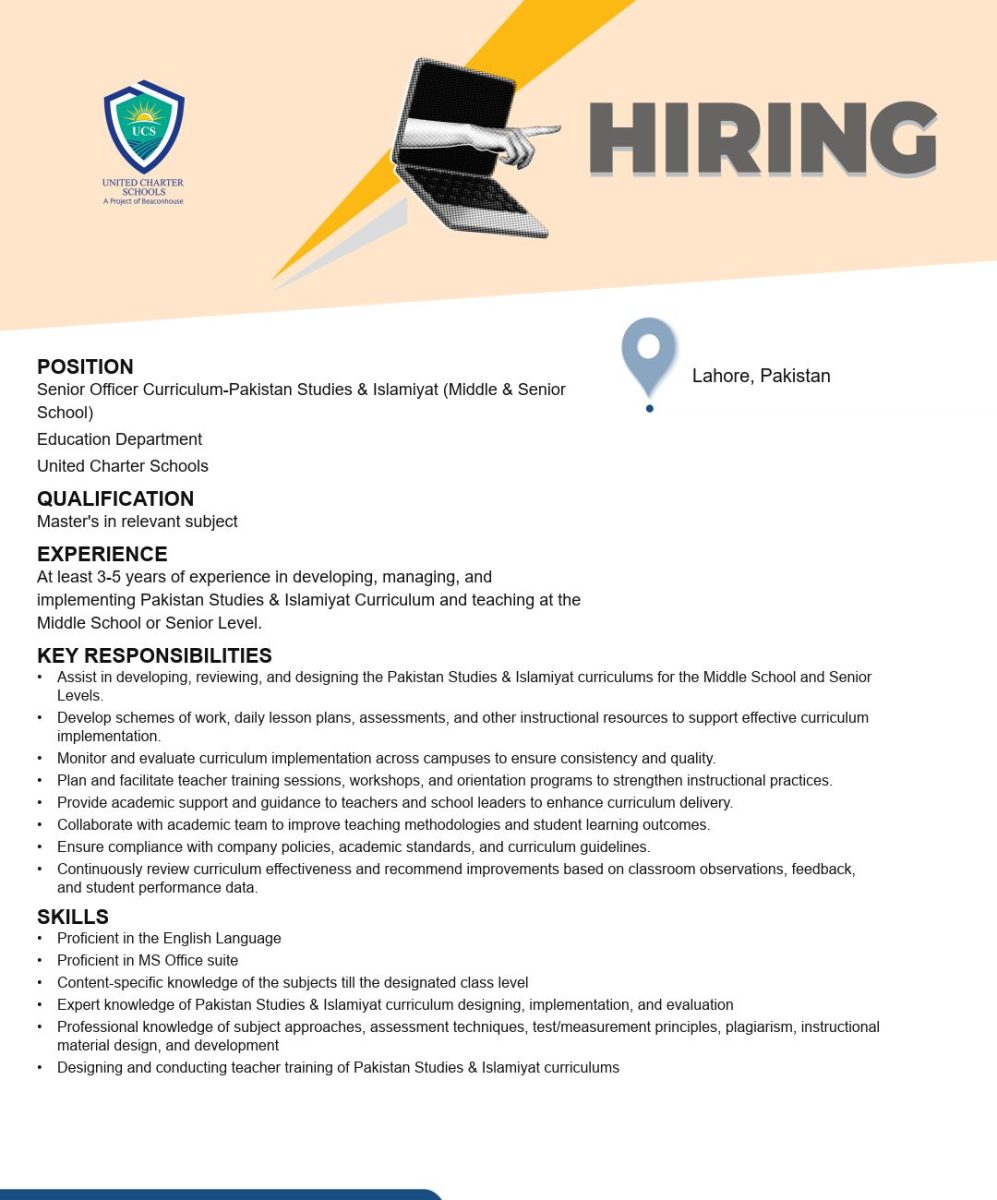 United Charter Schools Jobs Senior Officer Curriculum Pakistan Studies & Islamiyat 1