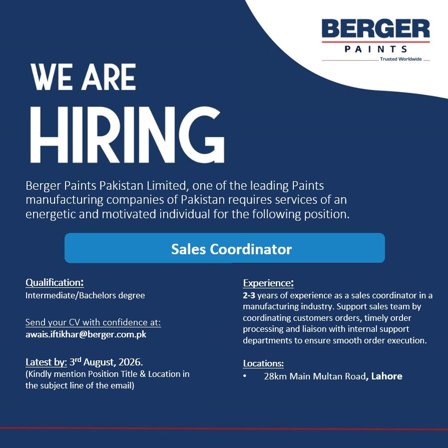Berger Paints Pakistan Jobs Sales Coordinator 1