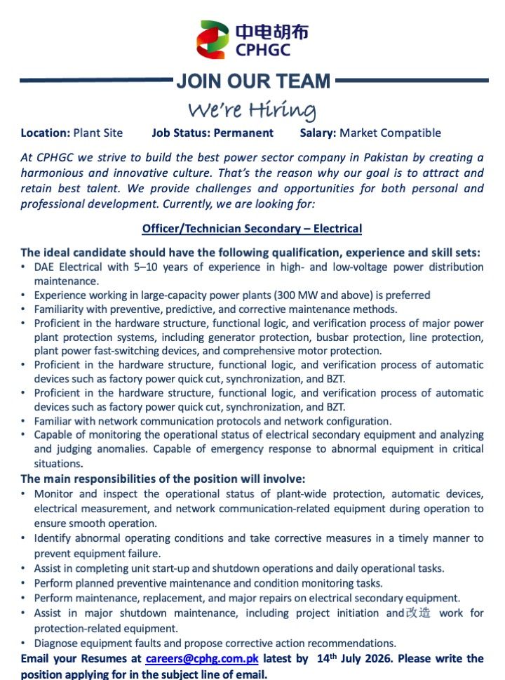 China Power Hub Generation Company CPHGC Jobs Officer/Technician Secondary Electrical 1