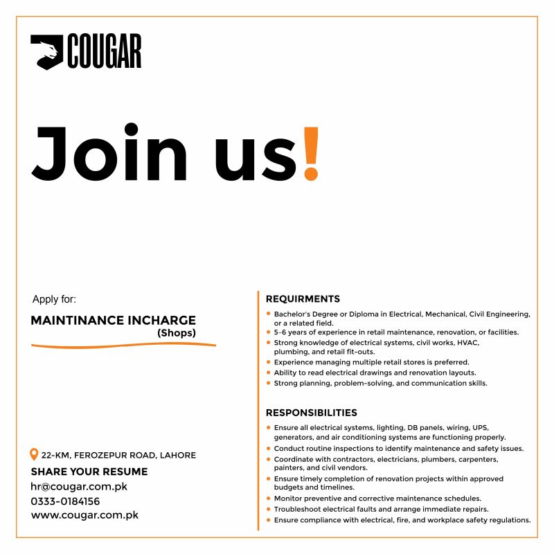 Cougar Clothing Jobs Maintenance Incharge 1