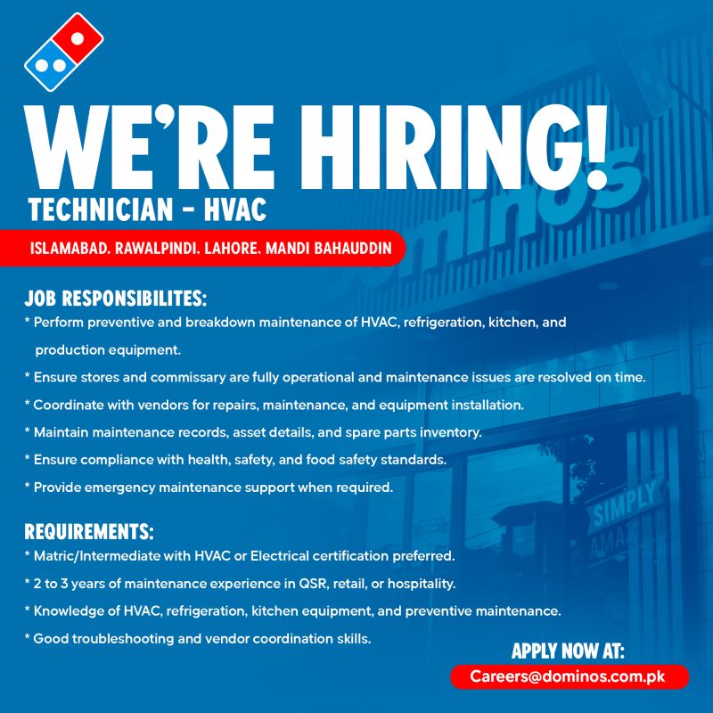 Domino's Pizza Pakistan Jobs Technician HVAC 1