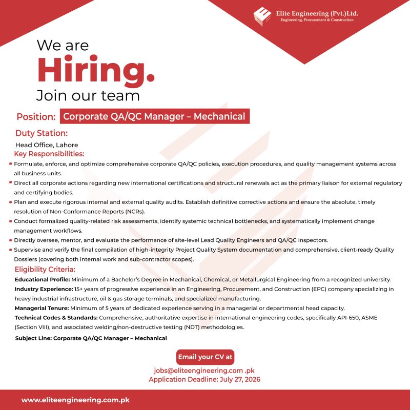 Elite Engineering Pvt Ltd Jobs Corporate QA/QC Manager Mechanical 1