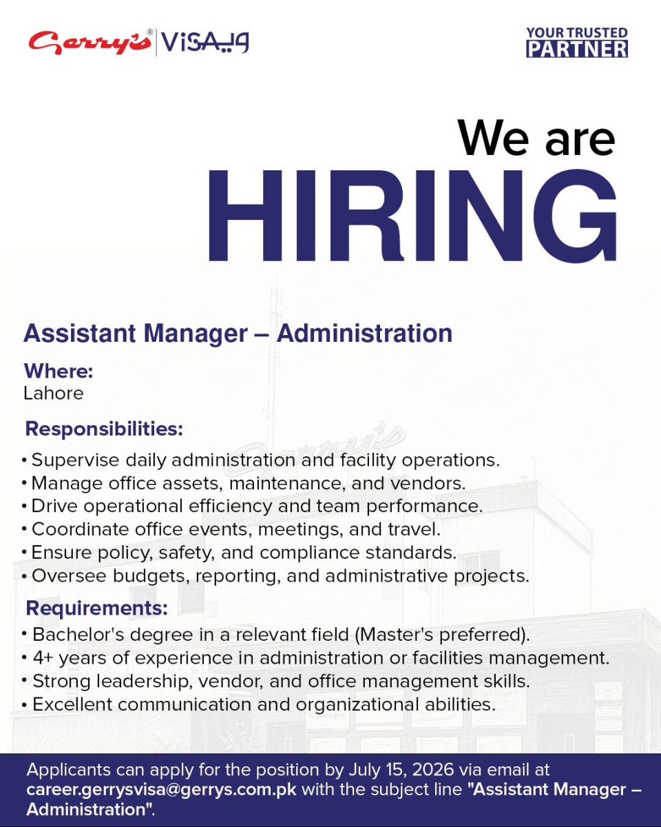 Gerry's Visa Jobs Assistant Manager Administration 1