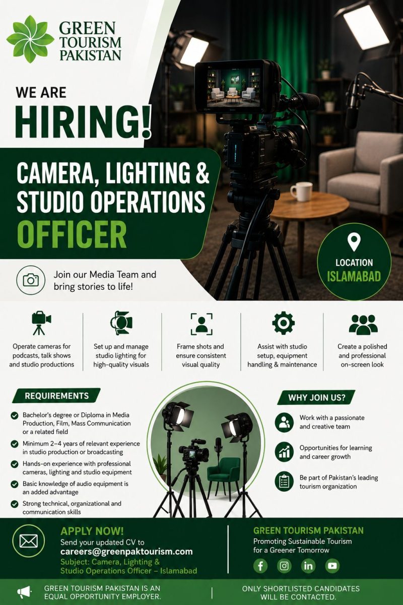 Green Tourism Pakistan Jobs Camera Lighting & Studio Operations Officer 1