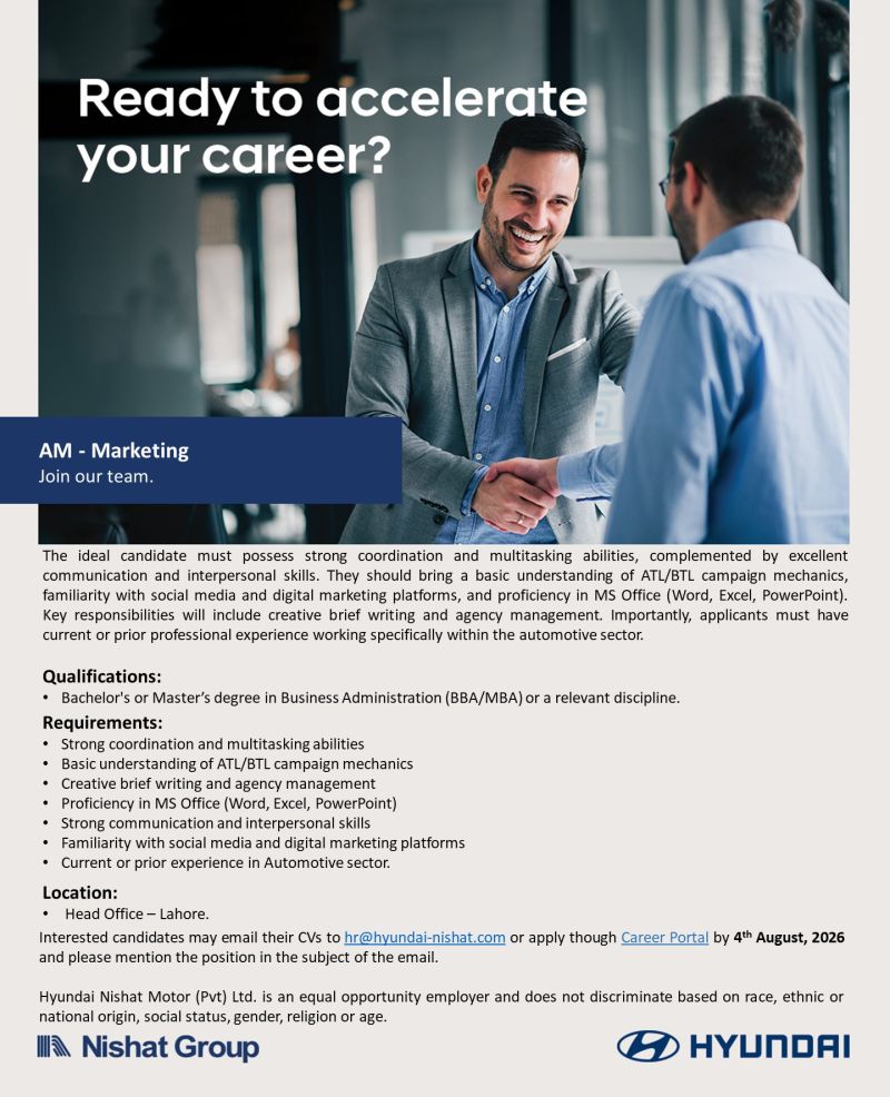 Hyundai Nishat Motor Pvt Ltd Jobs AM Marketing 1