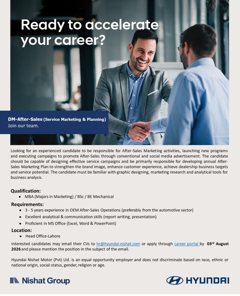 Hyundai Nishat Motor Pvt Ltd Jobs DM After Sales 1