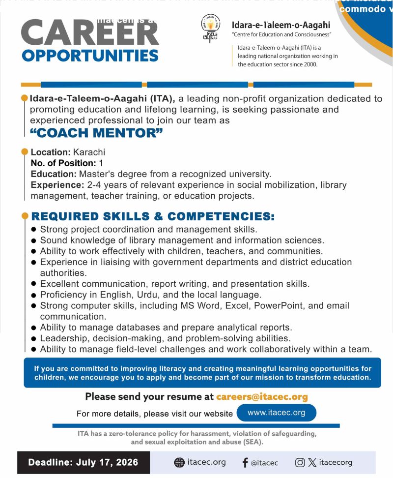 Idara-e-Taleem-o-Aagahi (ITA) Jobs Coach Mentor 1