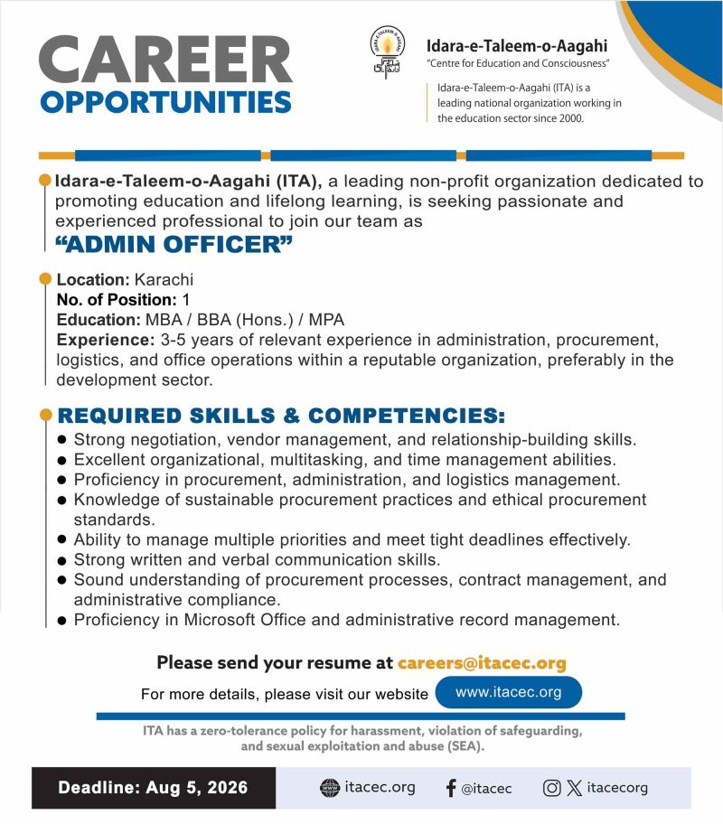 Idara-e-Taleem-o-Aagahi (ITA) Jobs Admin Officer 1