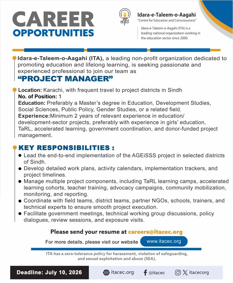 Idara-e-Taleem-o-Aagahi (ITA) Jobs Project Manager 1