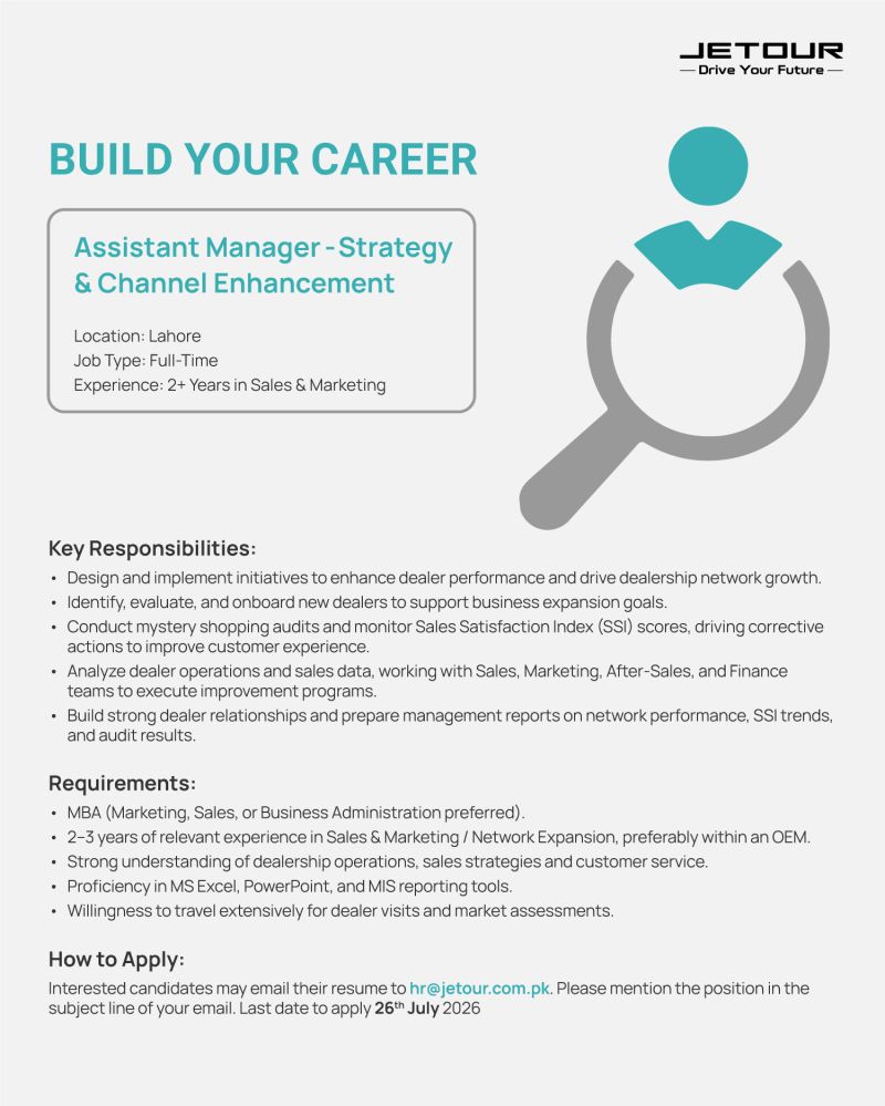 JETOUR Pakistan Jobs Assistant Manager Strategy & Channel Enhancement 1