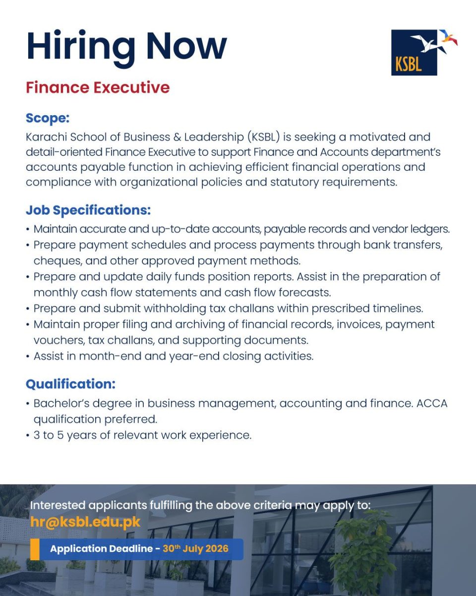Karachi School of Business & Leadership KSBL Jobs Finance Executive 1
