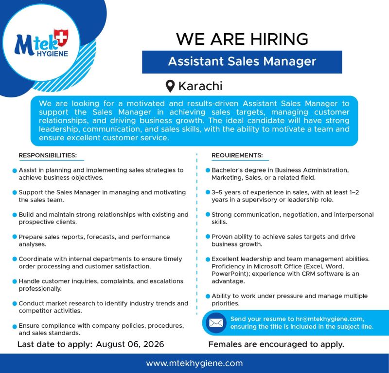 MTEK Hygiene Pvt Ltd Jobs Assistant Sales Manager 1