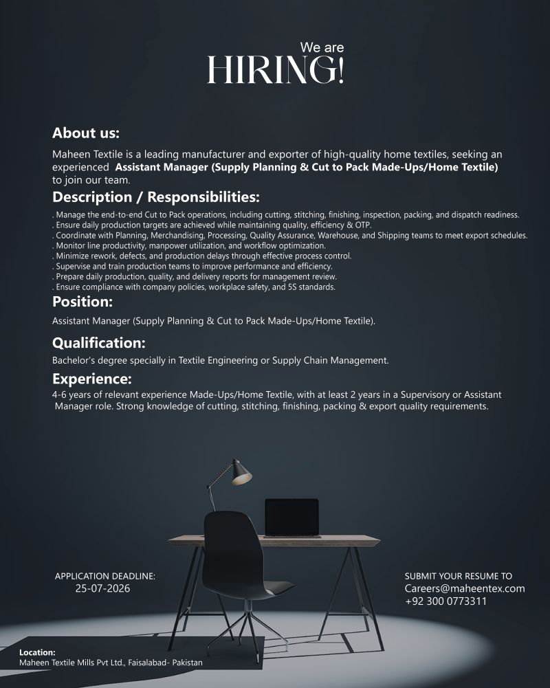 Maheen Textile Jobs Assistant Manager 1