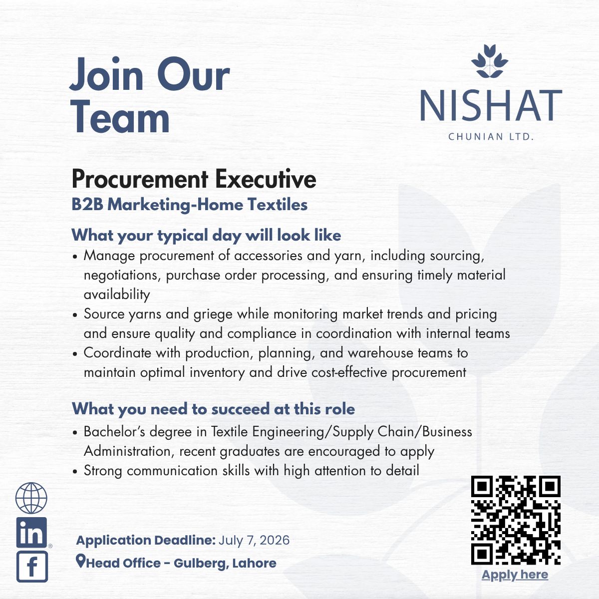 Nishat Chunian Limited Jobs Procurement Executive 1