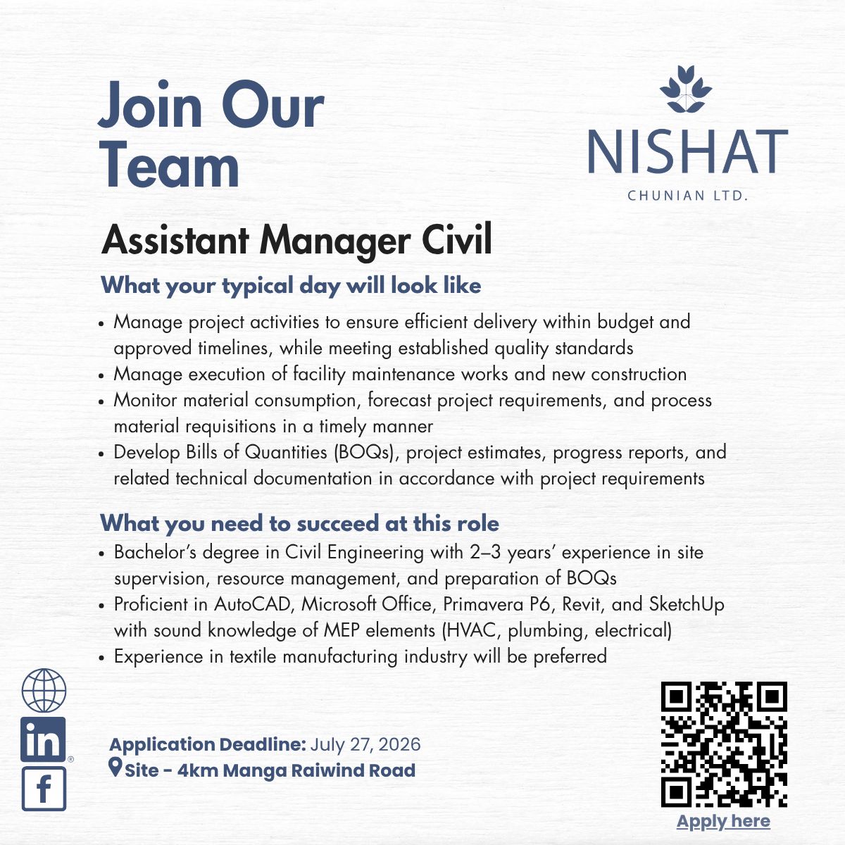 Nishat Chunian Limited Jobs Assistant Manager Civil 1