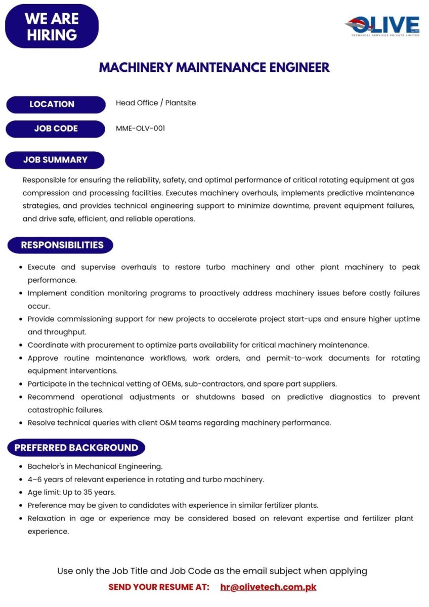 Olive Technical Services Pvt Ltd Jobs Machinery Maintenance Engineer  2