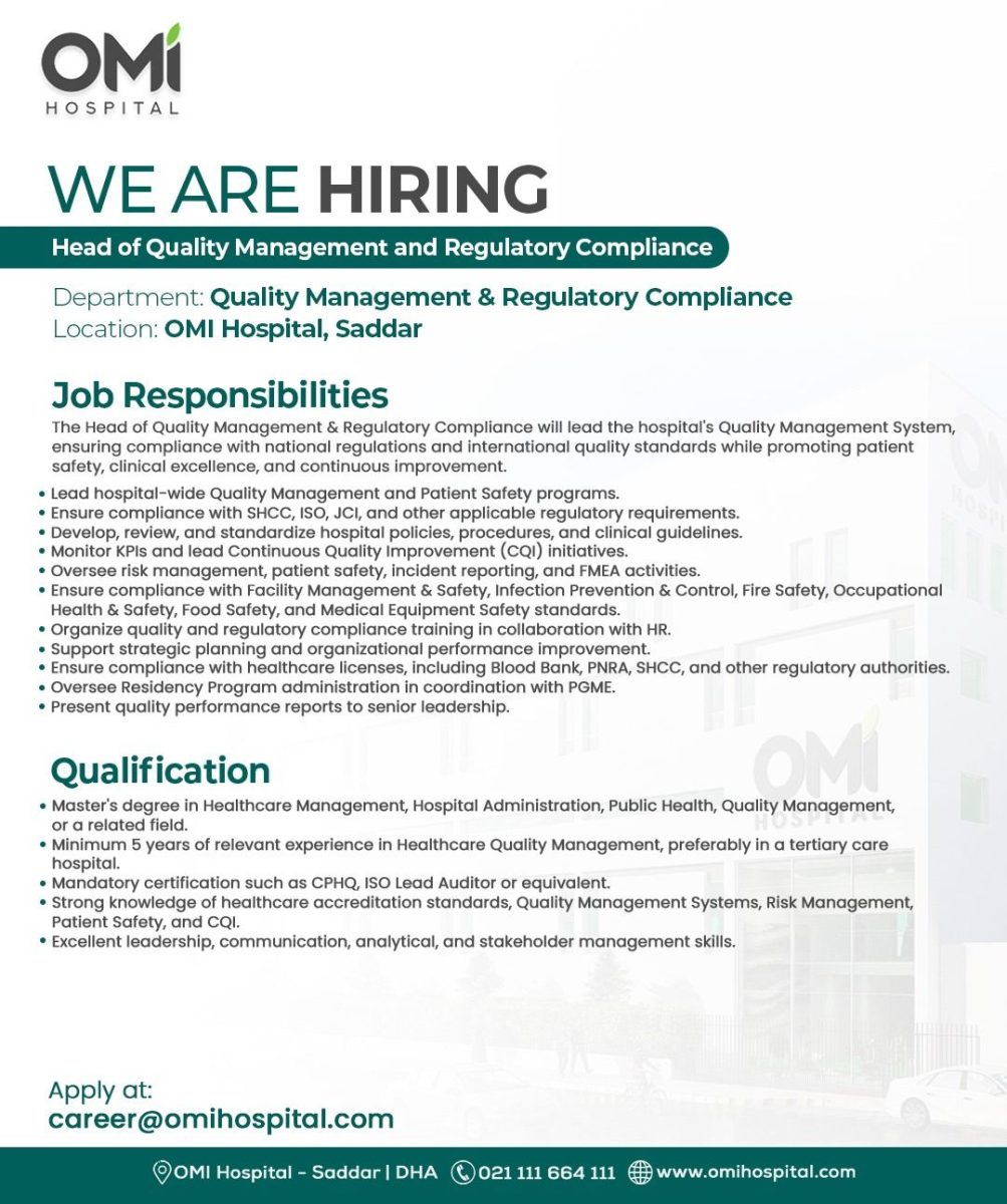 OMI Hospital Jobs Head of Quality Management and Regulatory Compliance 1