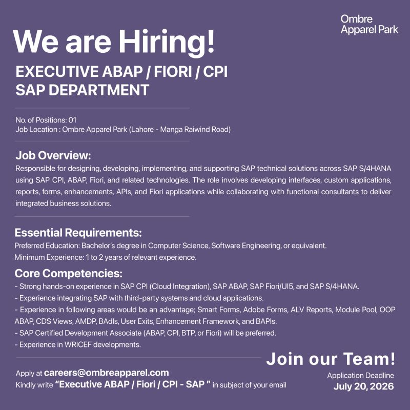 Ombre Apparel Park Jobs Executive ABAP / FIORI / CPI 1