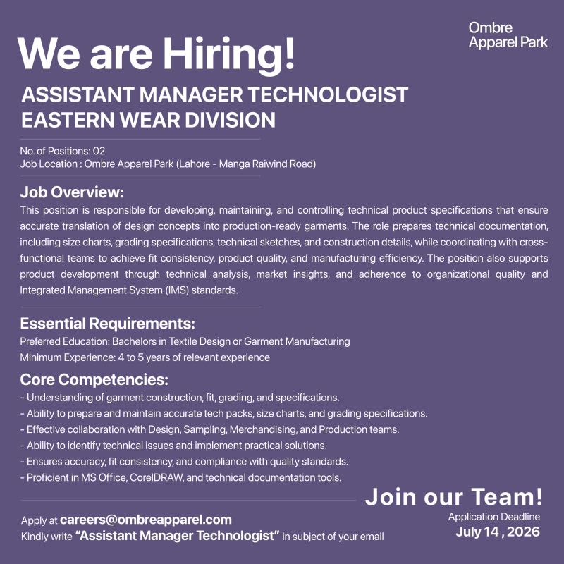 Ombre Apparel Park Jobs AM Technologist 1