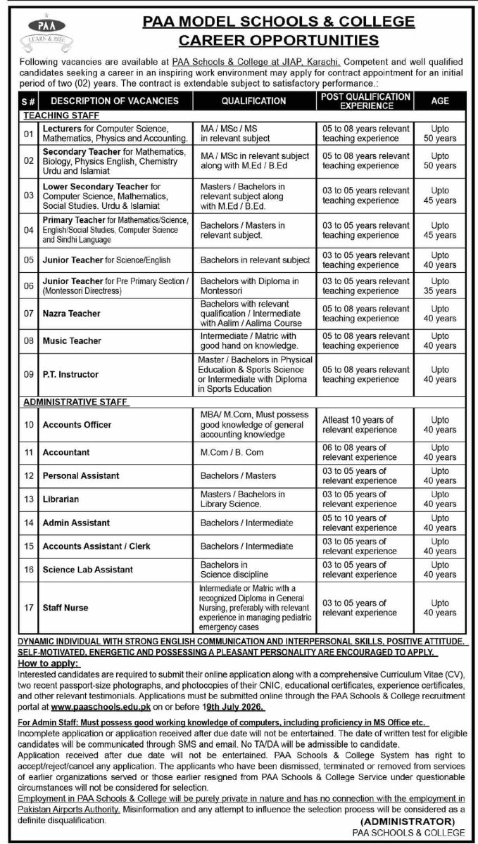 PAA Model Schools & College Jobs 04 July 2026 Dawn 1