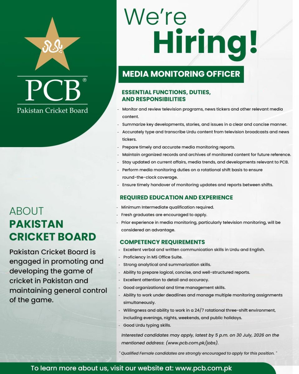Pakistan Cricket Board PCB Jobs Media Monitoring Officer  1