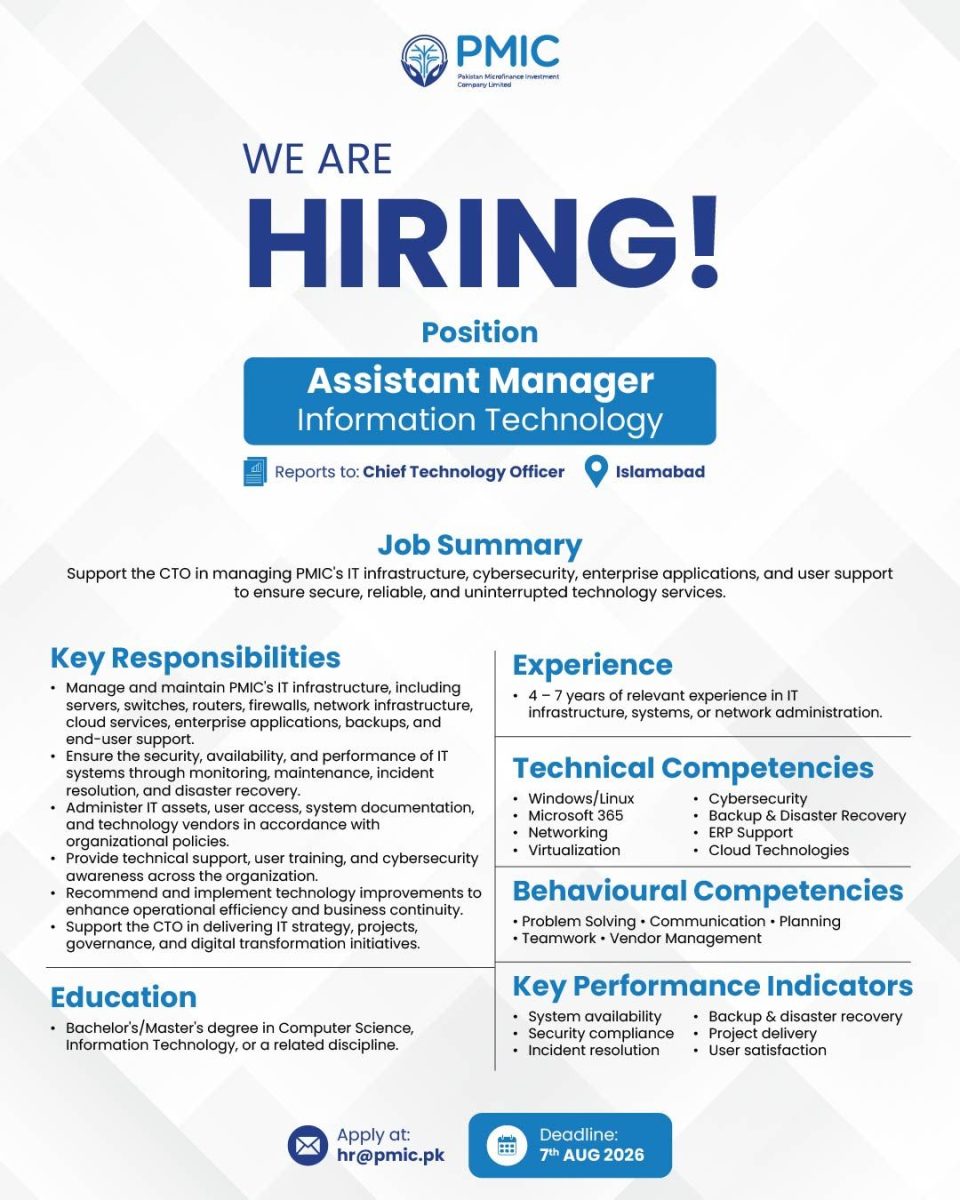 Pakistan Microfinance Investment Company Limited PMIC Jobs Assistant Manager Information Technology 1