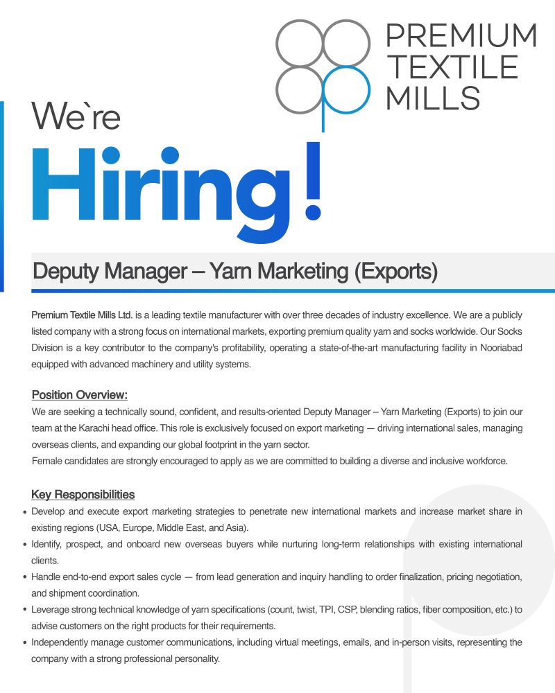 Premium Textile Mills Ltd Jobs Deputy Manager Yarn Marketing (Exports) 1