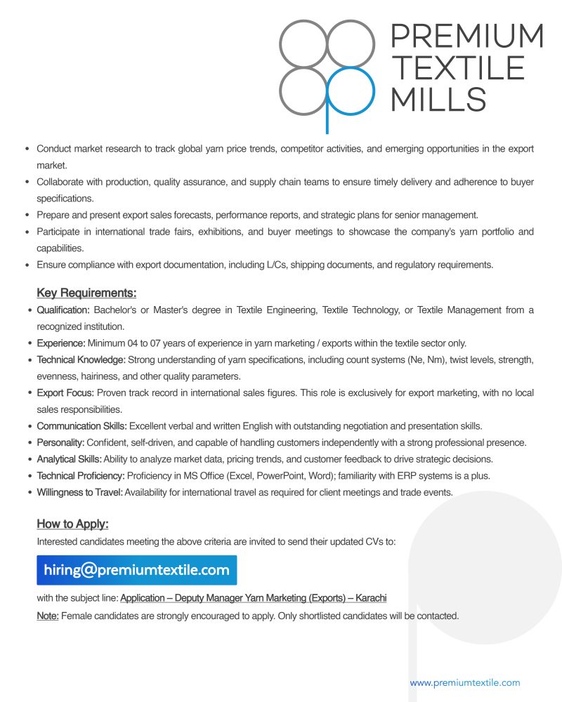 Premium Textile Mills Ltd Jobs Deputy Manager Yarn Marketing (Exports) 2