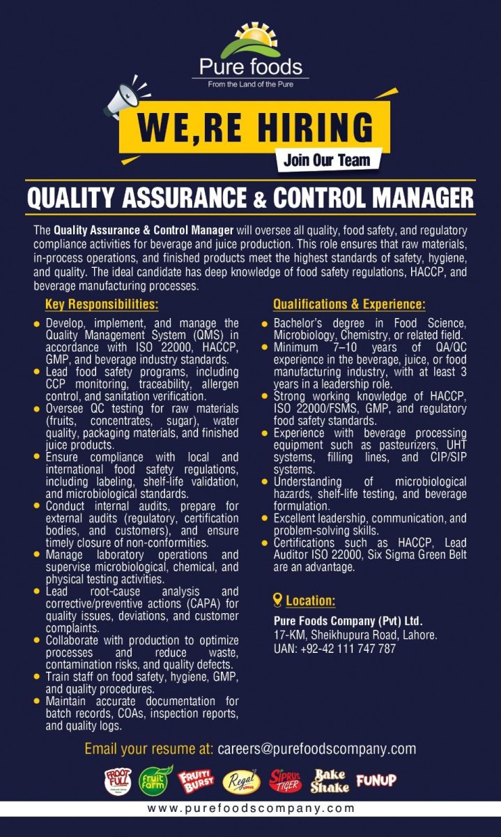 Pure Foods Company Pvt Ltd Jobs Quality Assurance & Control Manager 1