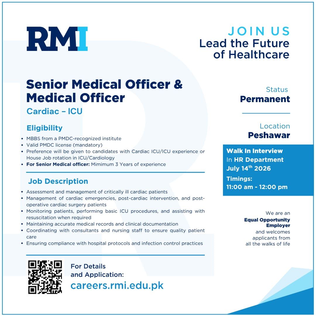 Rehman Medical Institute RMI Jobs Senior Medical Officer & Medical Officer 1