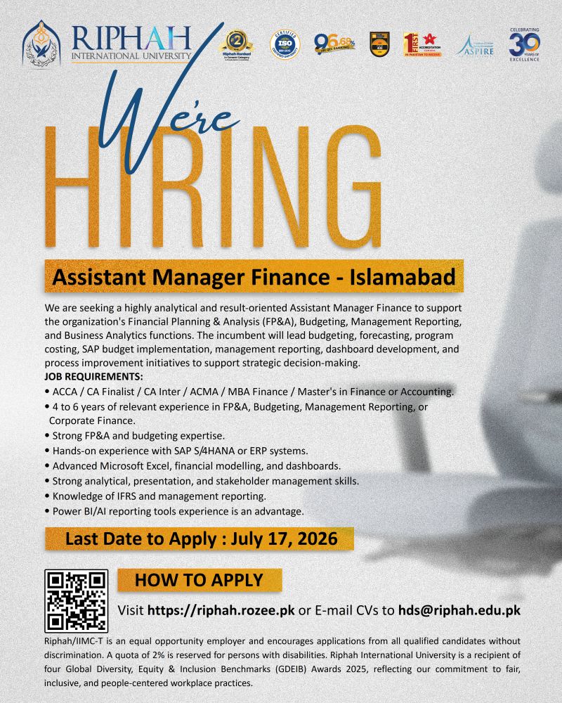 Riphah International University Jobs Assistant Manager Finance 1
