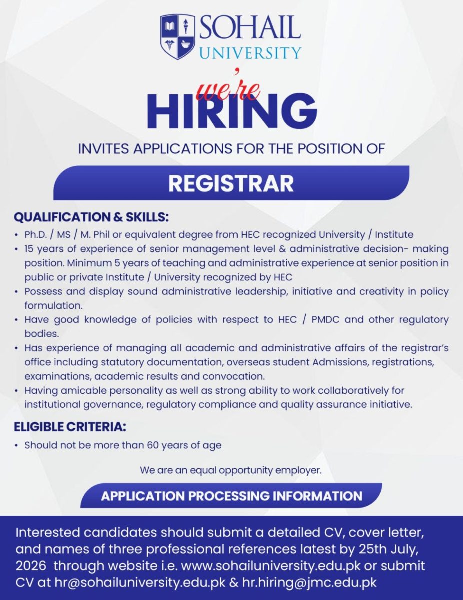 Sohail University Jobs Registrar 1