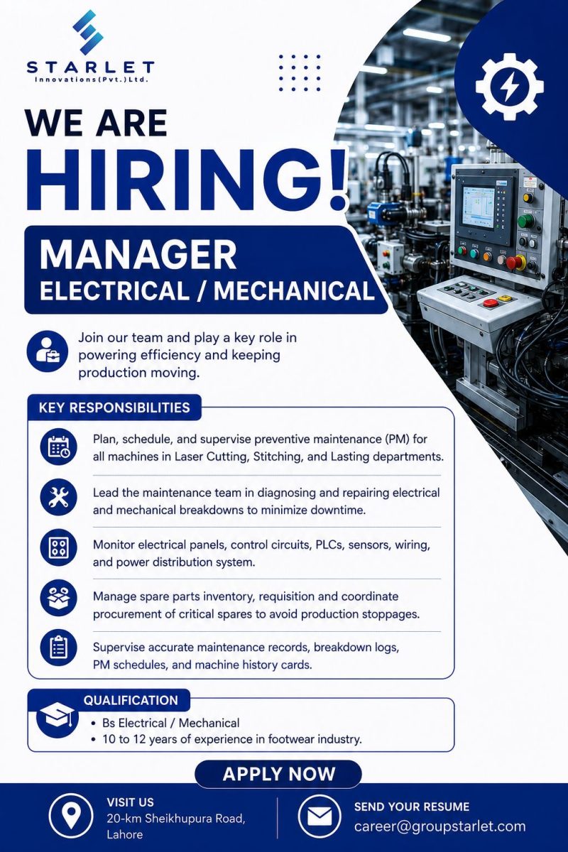 Starlet Innovations (Pvt) Ltd Jobs Manager Electrical / Mechanical 1