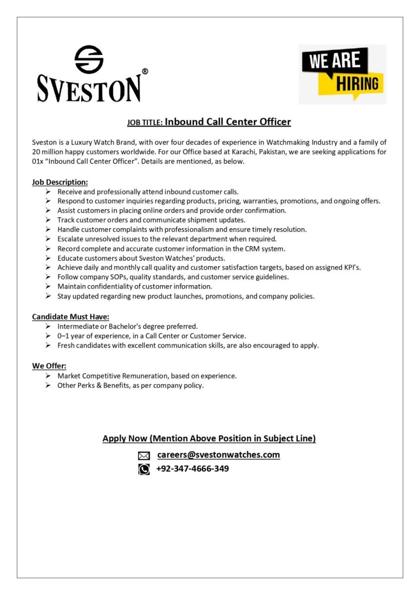 Sveston Watches Jobs Inbound Call Center Officer 1