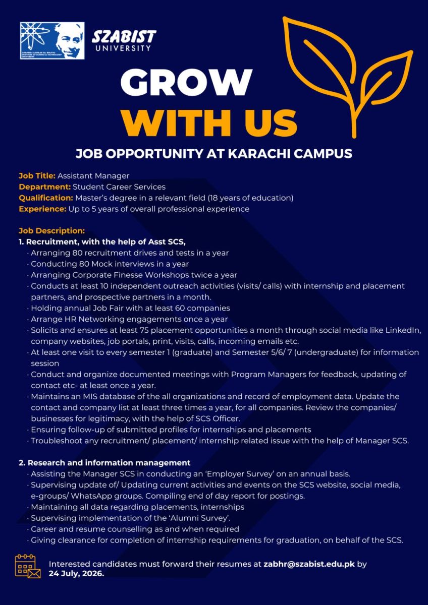 SZABIST University Jobs Assistant Manager Student Career Services 1
