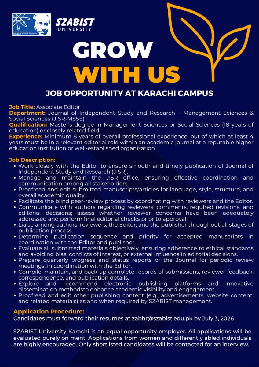 SZABIST University Jobs Associate Editor 1