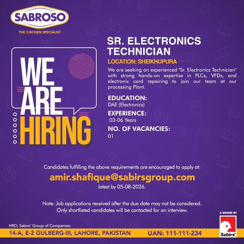 Sabroso Pakistan Jobs Senior Electronics Technician 1