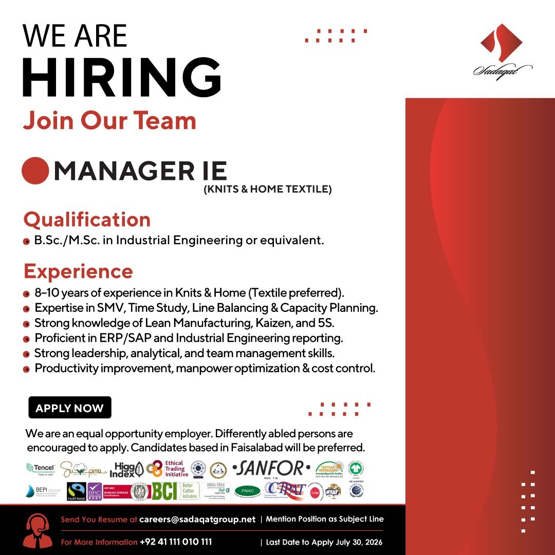 Sadaqat Limited Jobs Manager Industrial Engineering 1