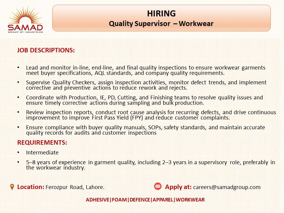 Samad Group Of Industries Jobs Quality Supervisor 1