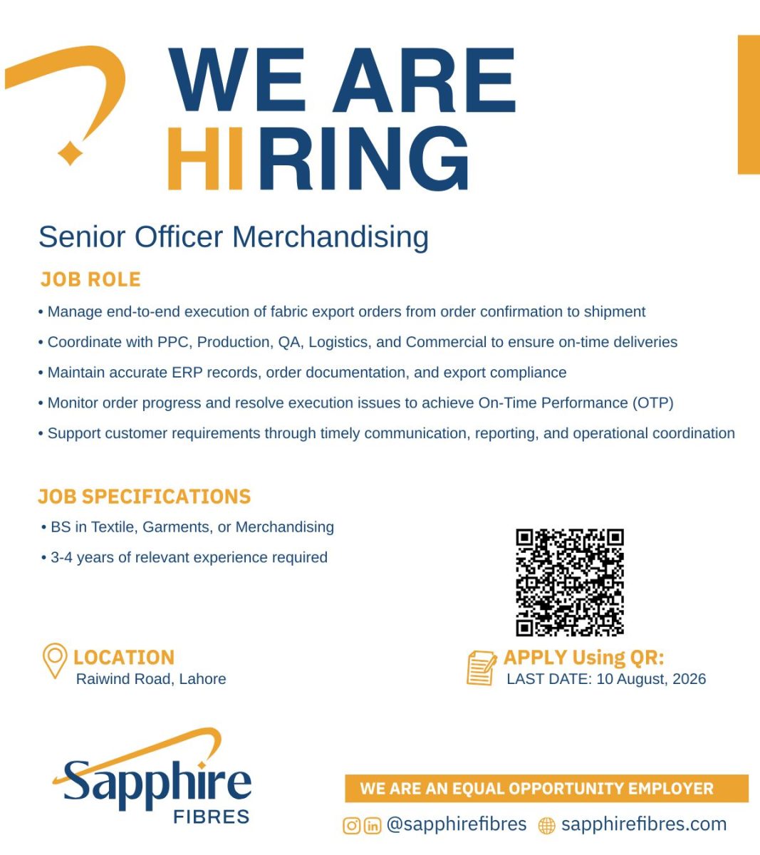 Sapphire Fibres Limited Jobs Senior Officer Merchandising 1