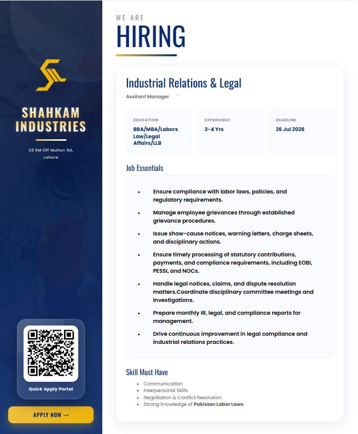 Shahkam Industries Jobs Assistant Manager Industrial Relations & Legal 1