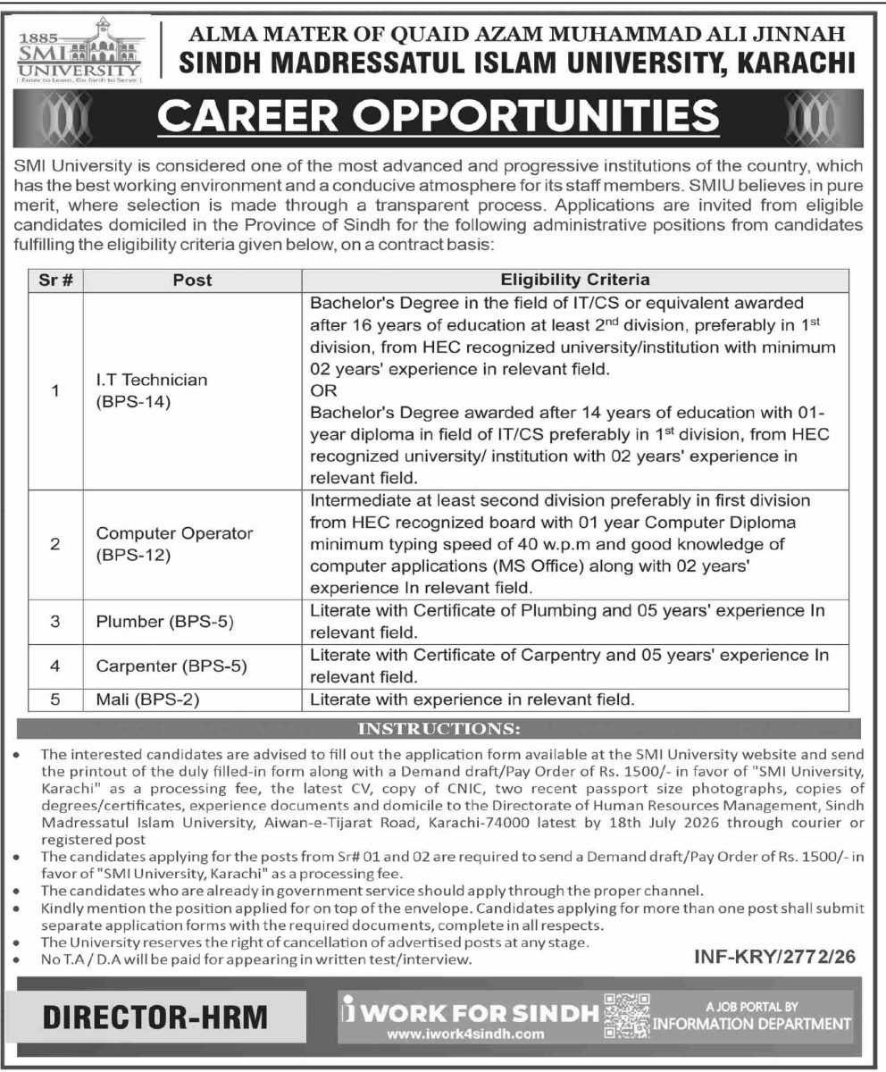 Sindh Madressatul Islam University Jobs 05 July 2026 Dawn 12