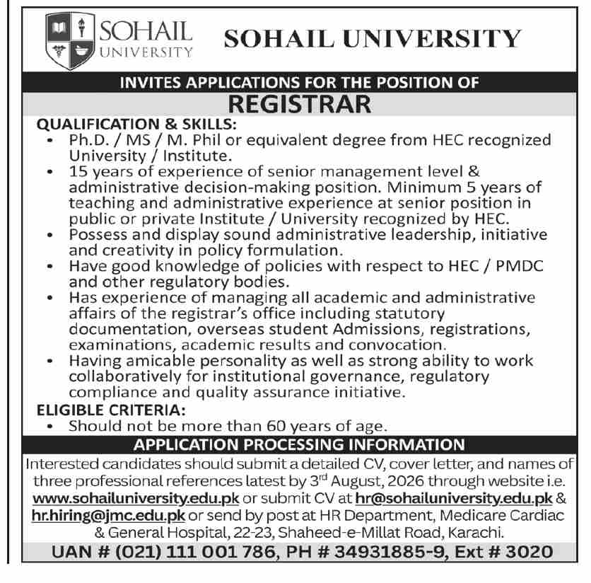 Sohail University Jobs 26 July 2026 Dawn 1
